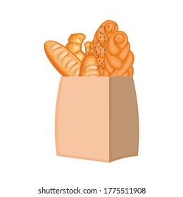 Paper bag with bakery products on white background. Croissant, loaf, wicker bun with poppy seeds in eco package. Vector illustration of grocery delivery concept.