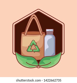 paper bag and bottle ecological with leafs