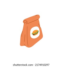 Paper bag with burger. Delivery package of takeaway fast food. Delivered take-away fastfood in closed kraft pack. Flat vector illustration isolated on white background