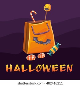  paper bag with candies and sweets. Children Halloween party element.