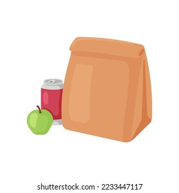 Paper bag with canned drink and apple vector illustration. Packaged snack or meal with soda in can and fruit for lunch at school or office isolated on white background. Lunch break, food concept