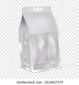 Paper bag with clear plastic window and euro slot hanger on transparent background vector mockup. Blank white package mock-up. Template for design