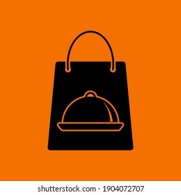 Paper Bag With Cloche Icon. Black on Orange Background. Vector Illustration.