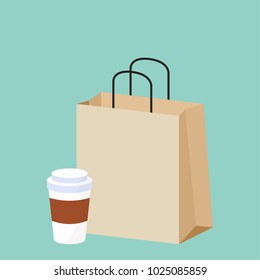 Paper bag and coffee cup vector. free space for text. wallpaper. background.