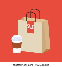 Paper bag and coffee cup vector. free space for text. wallpaper. background.
sale tag.