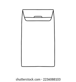 Bolsa de papel para el café o la burla de té. La plantilla de empaquetado se burla. Concepto de servicio de entrega. Copiar espacio. Esbozo, vector, realista, ilustración de contorno.