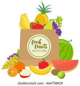 Paper bag with colorful fruits. Handwritten lettering, organic food. Vector stock illustration.