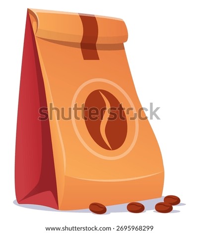 Paper bag containing ground or whole coffee beans. Full food package. Caffeine grain. Arabica seeds pack. Disposable cardboard packet. Supermarket order. Espresso product sack. Vector isolated object