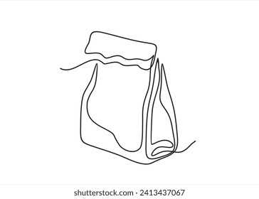 Paper bag in continuous line art drawing style. Lunch package minimalist black linear sketch isolated on white background. Vector illustration