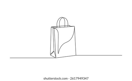 Paper bag in continuous line art drawing style. Shopping bag minimalist black linear sketch isolated on white background. Vector illustration
