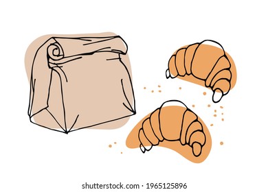 Paper bag with croissants sketch on white background. Sweet baked dessert pastrie. Dessert Bakery In Hand Drawn Vector Style for menu, cafe, restaurant, poster, banner, emblem, sticker, placard.