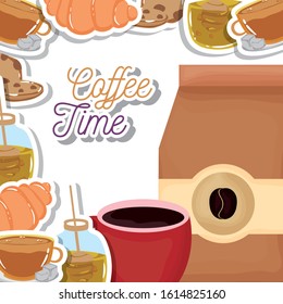paper bag cup dessert and baked fresh beverage coffee time vector illustration