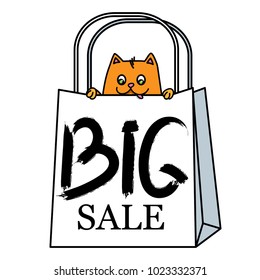 A paper bag with a curious red cat. Text Big sale. Vector illustration on the theme of shopping.