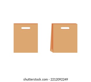 Paper Bag With Cut Handles Template Of Shopping. Brown Craft Paper Pack For Gift, Food, Item. Take Away, Delivery Service In Eco Bag. Mockups Front And Half Turn. Vector Illustration