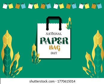 Paper Bag Day Creative Design with Green Background & Beautiful Leaves 