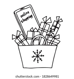 Paper bag decorated with a snowflake.  The package contains many gifts and a smartphone.  Online shopping for the holidays.  Vector drawing.