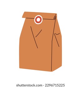 Paper bag, delivery package from brown kraft. Closed soft pack sealed with sticker, for delivered takeaway takeout fast food, take away snacks. Flat vector illustration isolated on white background