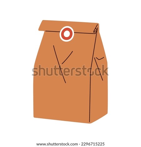 Paper bag, delivery package from brown kraft. Closed soft pack sealed with sticker, for delivered takeaway takeout fast food, take away snacks. Flat vector illustration isolated on white background
