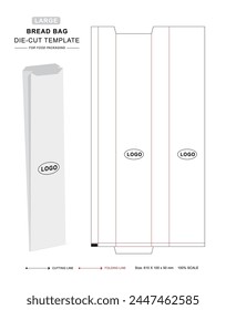 paper bag die cut template with 3D blank vector mockup for the bakery. Croissant bag, Baguette bread bags.