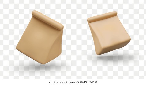 Paper bag in different positions for food or products. Packaging for baked goods and bread. Eco packaging concept. Vector illustration in 3d style in brown colors