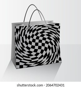 A paper bag with a distorted chess print.