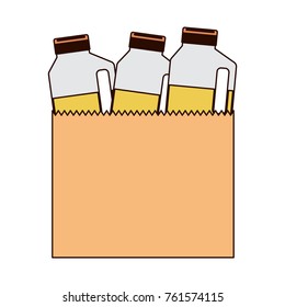 paper bag with drinks orange juice bottles in colorful silhouette with thin black contour