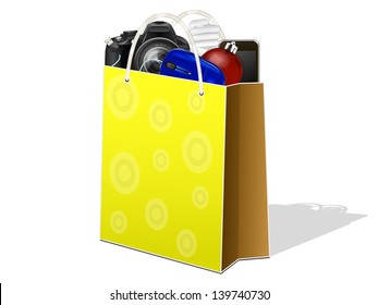 paper bag with electronic devices on a white background