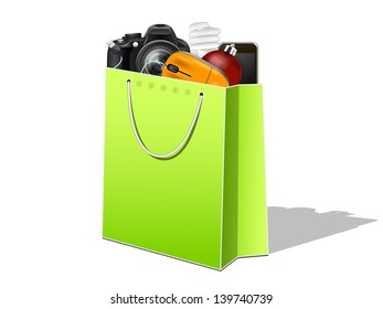 paper bag with electronic devices on a white background