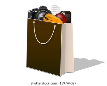 paper bag with electronic devices on a white background