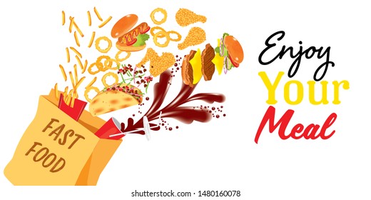 paper bag and fast food, junk food poster, fast food delivery vector