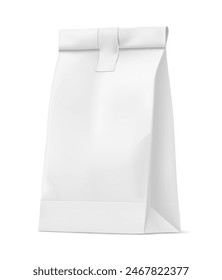 Bolsa de papel para la entrega de comida rápida. Servicio de entrega de alimentos con etiqueta de café o restaurante de marca. Una maqueta realista. Aislado sobre fondo blanco. Ilustración vectorial.