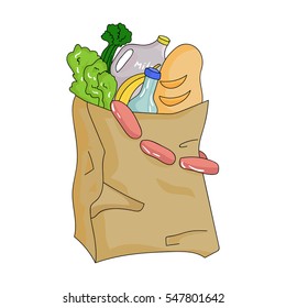 Paper bag filled with food icon in cartoon style isolated on white background. Supermarket symbol stock vector illustration.