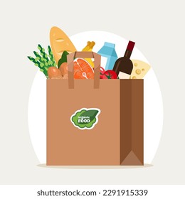 Paper bag filled with food. Organic products. Proper nutrition. Delivery. Flat style vector illustration.