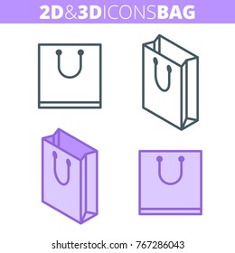 The paper bag. Flat and isometric 3d outline icon set. The gift shopping bag with handles line illustration collection. Vector linear infographic elements for web design, social media, presentations.