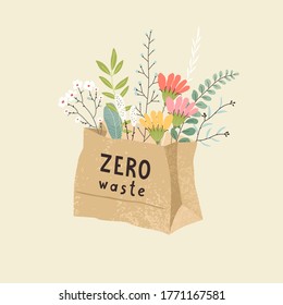 Paper bag with flowers, leaves and branches. Vector emblem zero waste, ecology concept. 