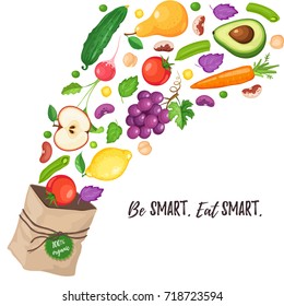 Paper bag with flying out fresh vegetables and fruits. Be smart, eat smart. Grocery paper bag with healthy food on white background. Shopping in a market. Healthy lifestyle concept.