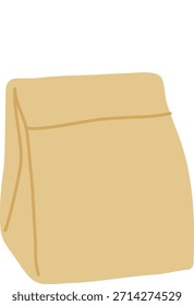 Bolsa de papel con tapa doblada, líneas limpias y sombreado suave, aislado en blanco. Símbolo de la comida para llevar, preparación de comidas, entrega, refrigerio y eficiencia de empaque. Ilustración vectorial de dibujos animados.