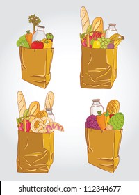 Paper bag with  food bread and fruits, vegetable vector illustration