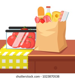 Paper bag with food and container with tomatoes on the home table. Groceries in a paper bag. Include sausages, bread, cheese, eggs, tomatoes, lemonade. Flat vector illustration isolated on white.