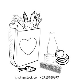Paper bag with food donation for homeless people during quarantine, with fruits, vegetables and heart. Vector illustration white and black in outline handdrawn style with copyspace
