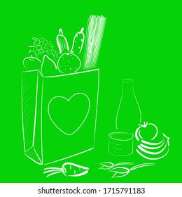 Paper bag with food donation for homeless people during quarantine, with fruits, vegetables and heart. Vector illustration white and green in outline handdrawn style with copyspace