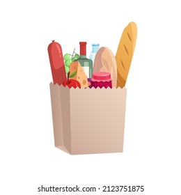 Paper bag. Food and drink products. Buying. Colored vector illustration.