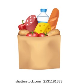 Saco de papel com comida e bebida. Ilustração vetorial isolada sobre fundo branco.