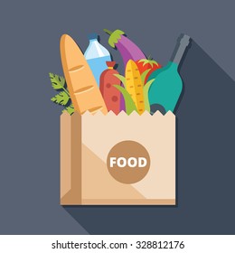 Paper bag with food flat illustration concept. Creative modern flat icon with long shadow. Vector illustration