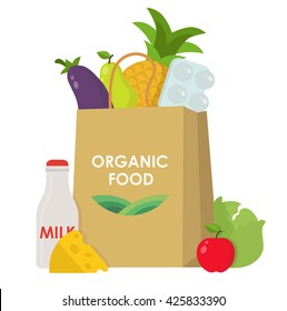 Paper bag with food flat illustration concept. Flat design colorful vector illustration concept for grocery delivery isolated on bright background