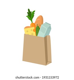 Paper bag with food items on a white background. Healthy food. Vector illustration.