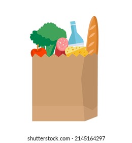 Paper bag with food on isolated white background. Vector illustration. 