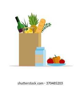 Paper bag with food. Paper package with fresh healthy produce. Vector flat illustration. Plate with vegetables