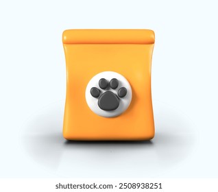Paper bag with food for pets. Orange packaging with paw print