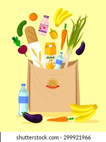 Paper bag with food. Vector flat illustration